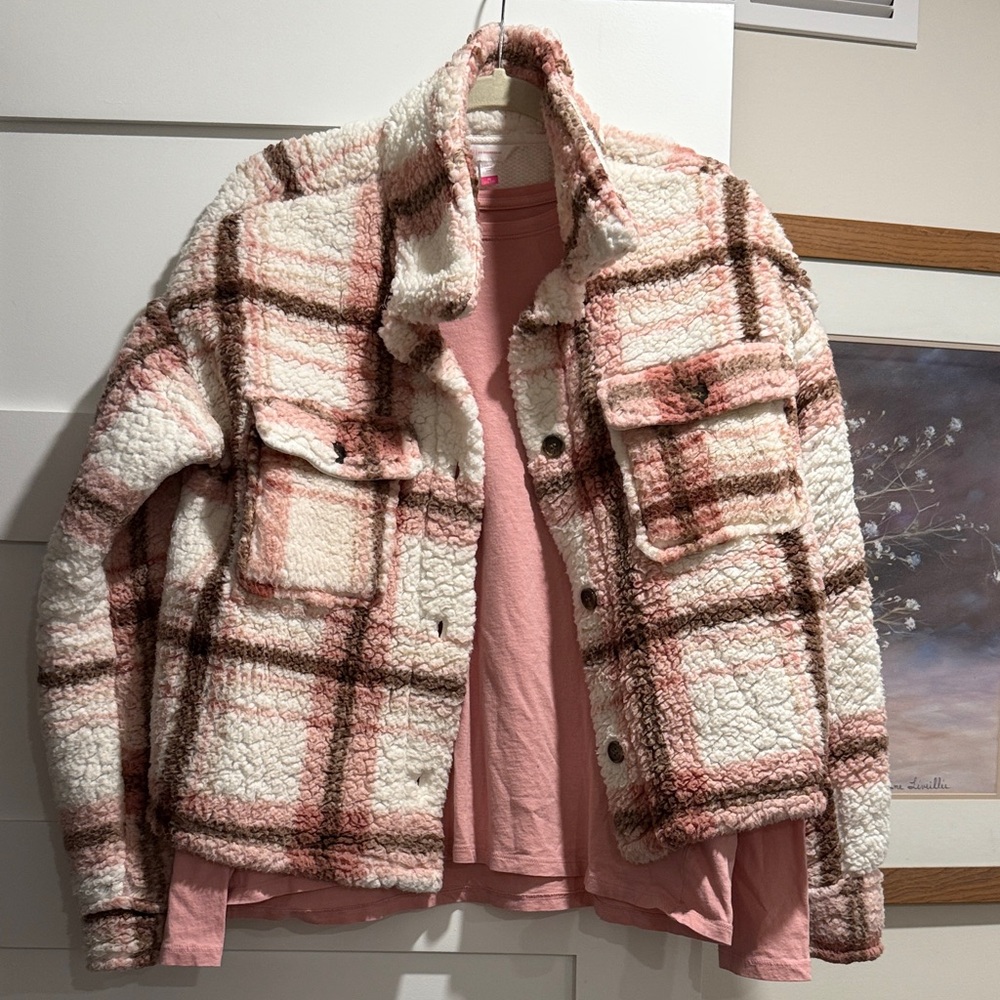 No Boundaries Pink, Brown and Cream Plaid Sherpa jacket with pink longsleeve top